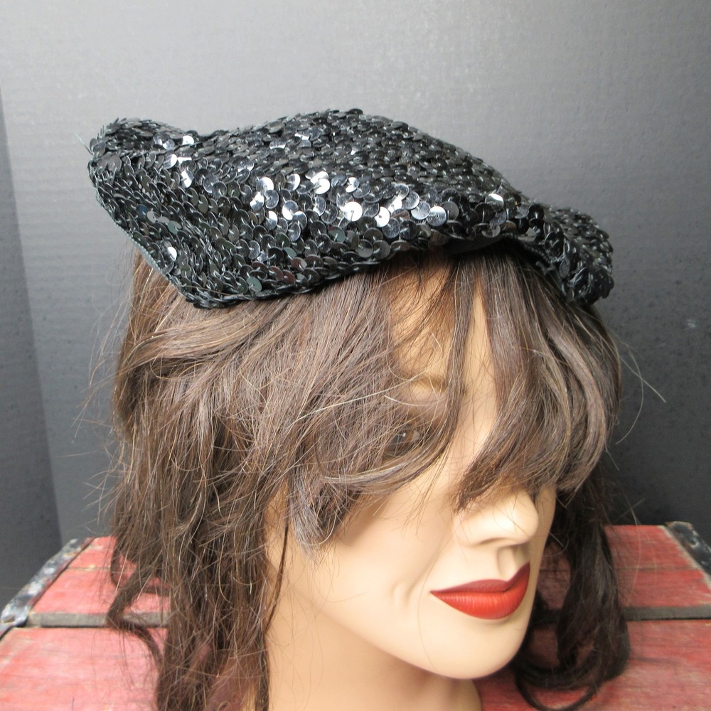 Vintage Modern Miss Black Sequin Cloche Hat Formal Cocktail Party Womens